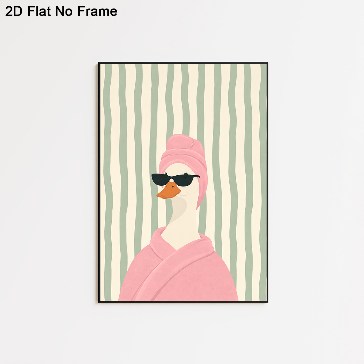 TEMU 2d Flat, 2d Flat, 1pc Frameless Canvas Poster, Cute Goose Wearing Sunglasses And Pink Bathrobe With Green Stripe Background, Wall Art Canvas