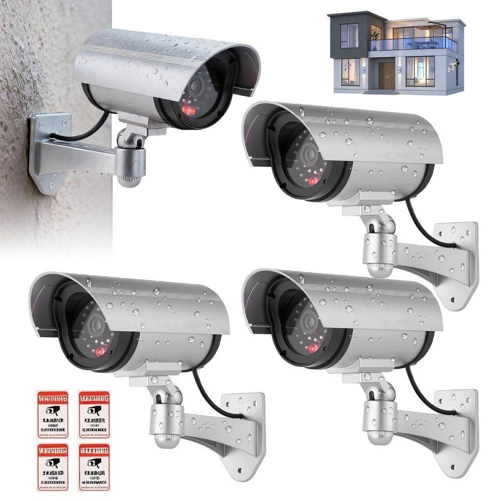 4pcs Realistic Fake Surveillance Cameras With Adjustable Angle Brackets & Warning Stickers Suitable For Home, Garden, Warehouse System, Fake Cctv For /outdoor Deterrent, No Installation