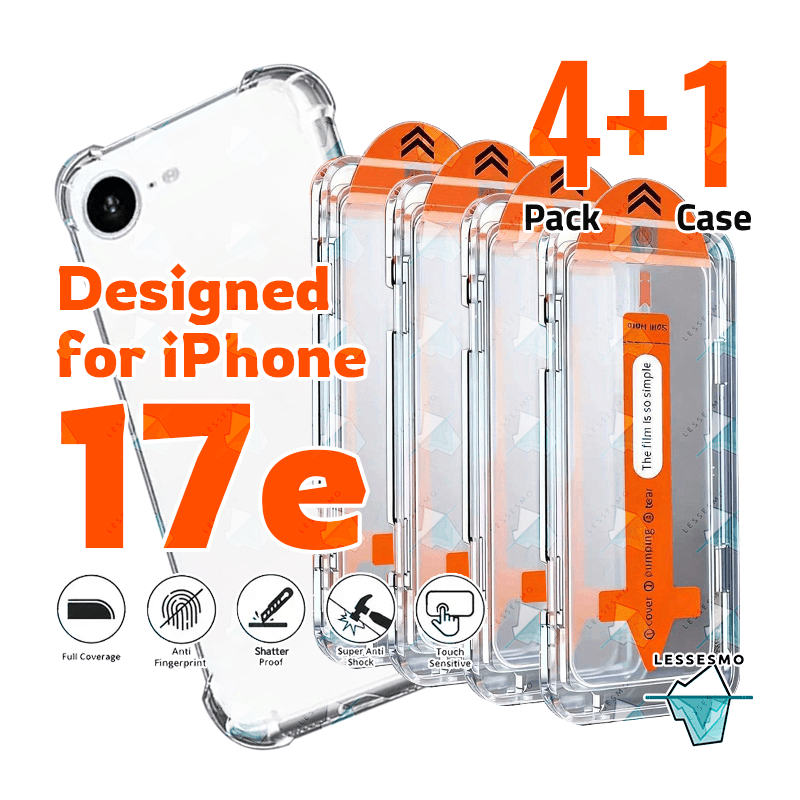 TEMU Kit d'installation facile conçu pour iPhone 17e, lot de 4 [4+1] protections d'écran HD poussière en verre trempé + 1 coque de avec en TPU