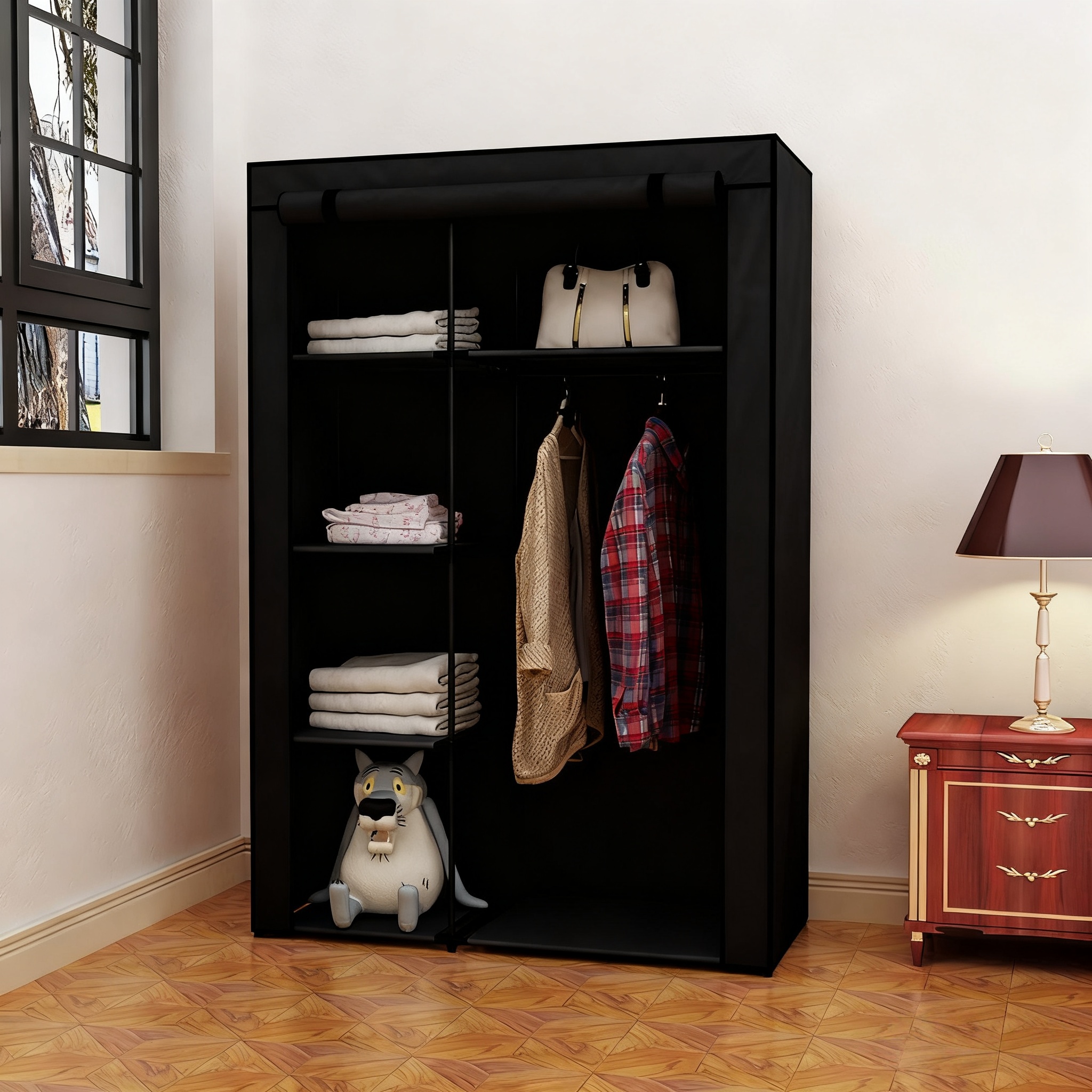 Image of Medium Size No-assembly Wardrobe Clothes Rack - Dimensions 16. 7in X 40. 1in . 3in (42cm X 101cm X 165cm), Ideal For Bedroom//dorm Storage & Closet Organization