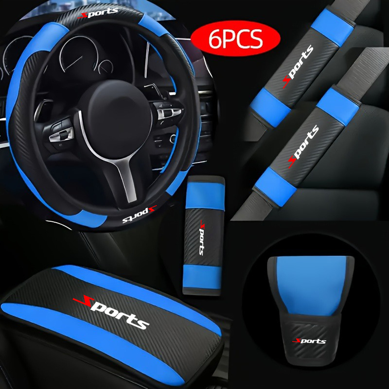 conjunto de 6 peças para interior de carro com   de fibra de carbono, apresentando um design   de cores em    . o conjunto   capas protetoras de   total para volante,  ,   de  , apoio de braço e cinto de segurança.   de instalar, adequado