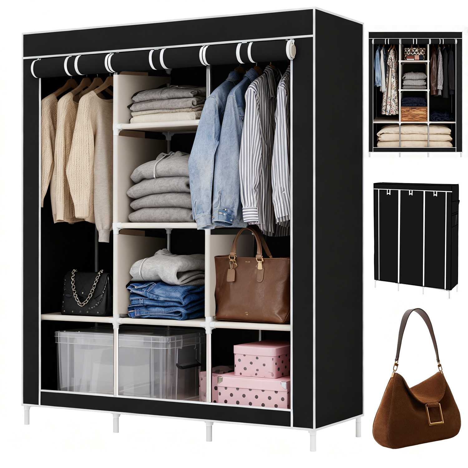 Spacious Foldable Wardrobe Closet | Portable Metal Clothing Organizer For Bedroom, Living Room, Storage & Garage, Easy Assembly With Shelves, Freestanding Design
