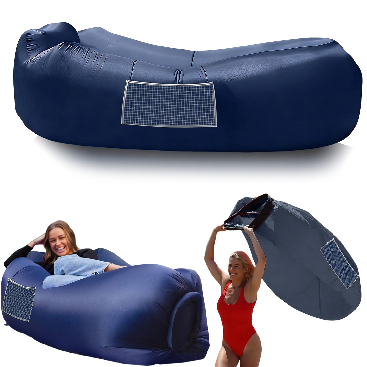Inflatable Lounge Sofa With 2 Mesh Pockets And Elastic Strap, Portable Foldable Design For Camping And Outdoor Leisure