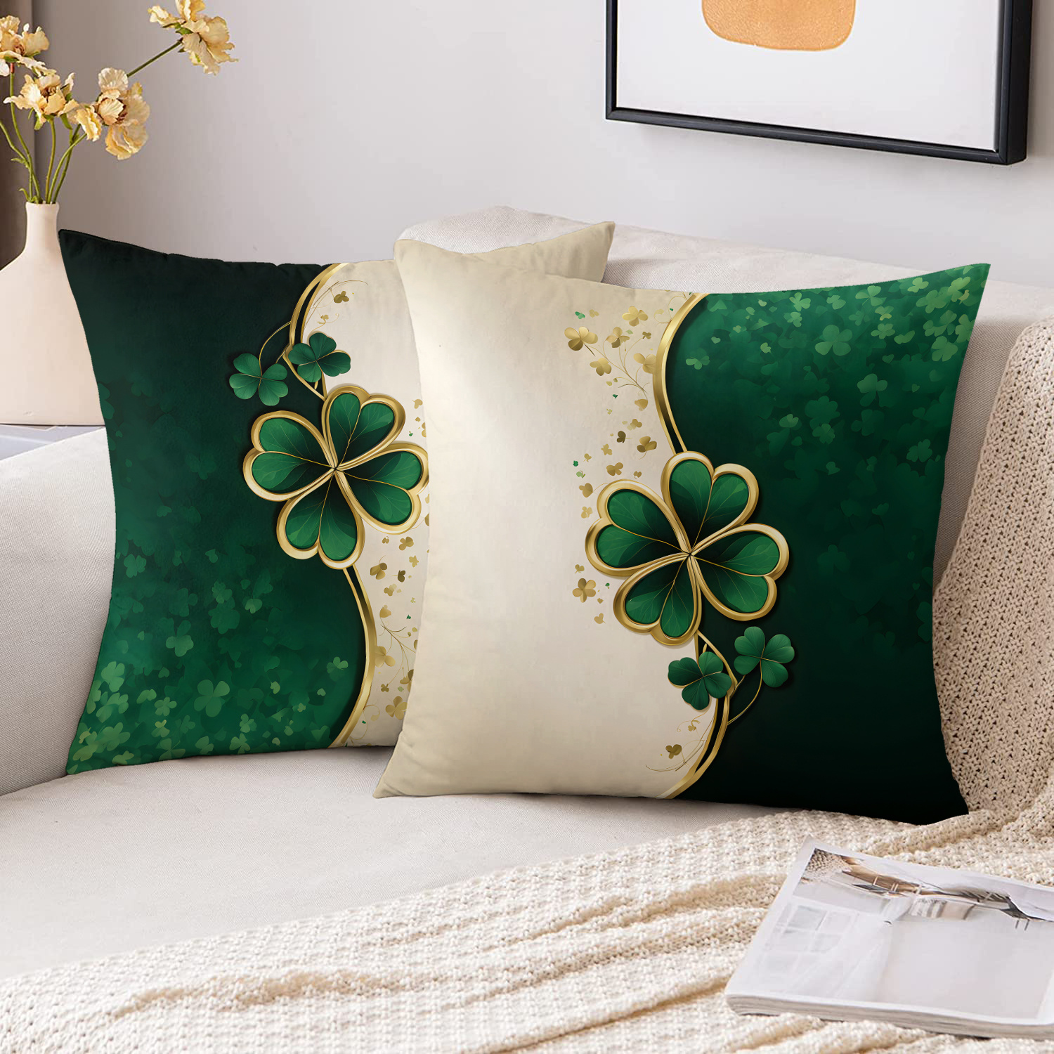 TEMU Parure de 2 taies d'oreiller en tissu peluche court, décoration du Festival du Printemps, avec à feuilles vert sur fond fantomatique, rayures