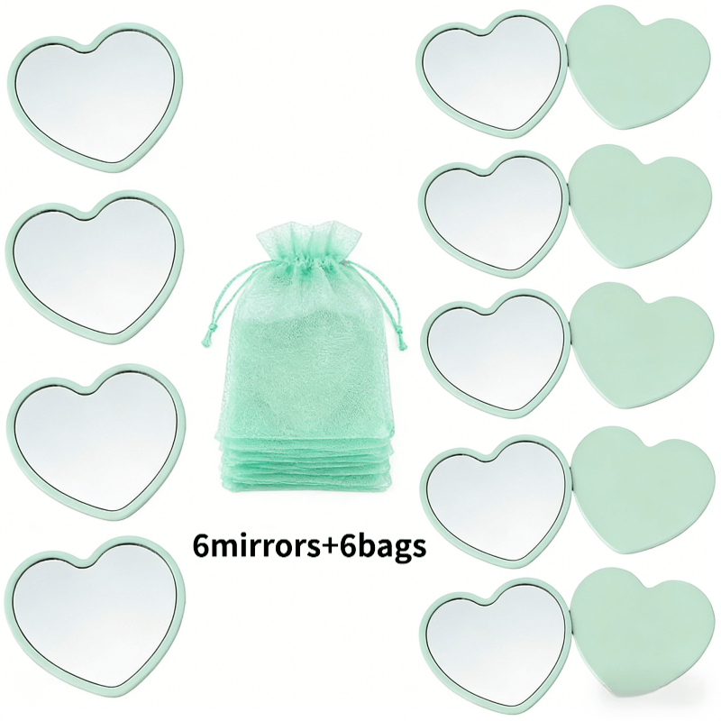 TEMU 6mirrors And 6bags, Green Heart-shaped Portable Mirrors With Gift Bags - Makeup Mirrors For Travel, Gifts, Home Decor - No Battery Needed, Gift