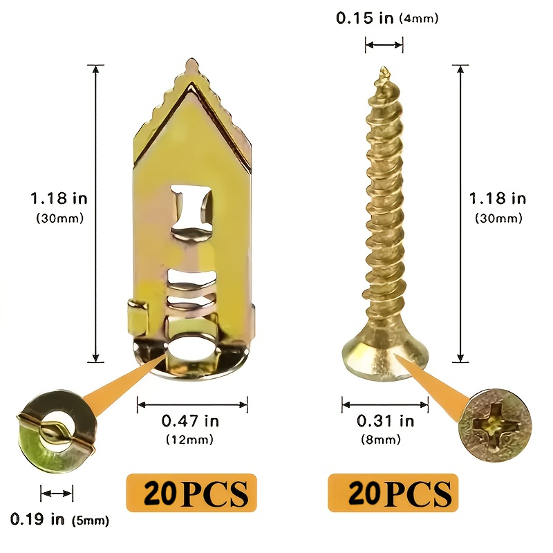 E-shop 40-teiliges selbstschneidende Trockenbauanker-Schrauben-Set, 12 x 30 mm, inklusive 20 Metall-Selbstschneidern und 20 Schrauben, kein Bohren