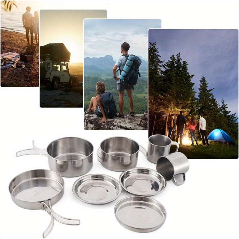TEMU Stainless Steel Camping Cookware Mess Kit, Camping Cooking Set 8pcs Stainless Steel Camping Cookware, Portable Cooking Pot And Pan Set With