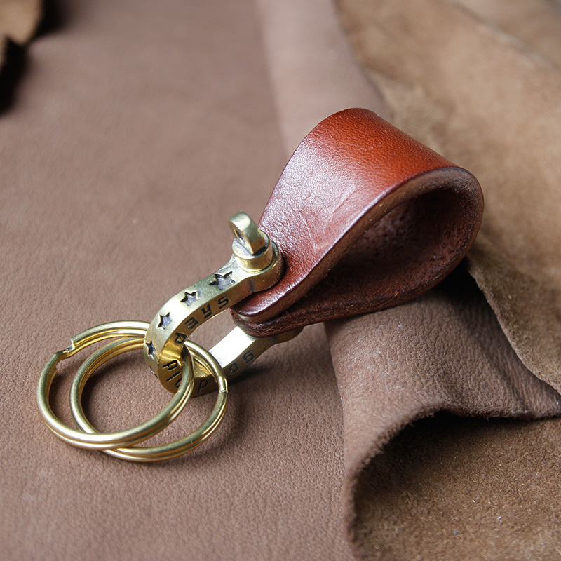 Handmade Genuine Leather Keychain, Vintage Brass Key Ring, Infinity Ring, Leather Car Keychain For Men