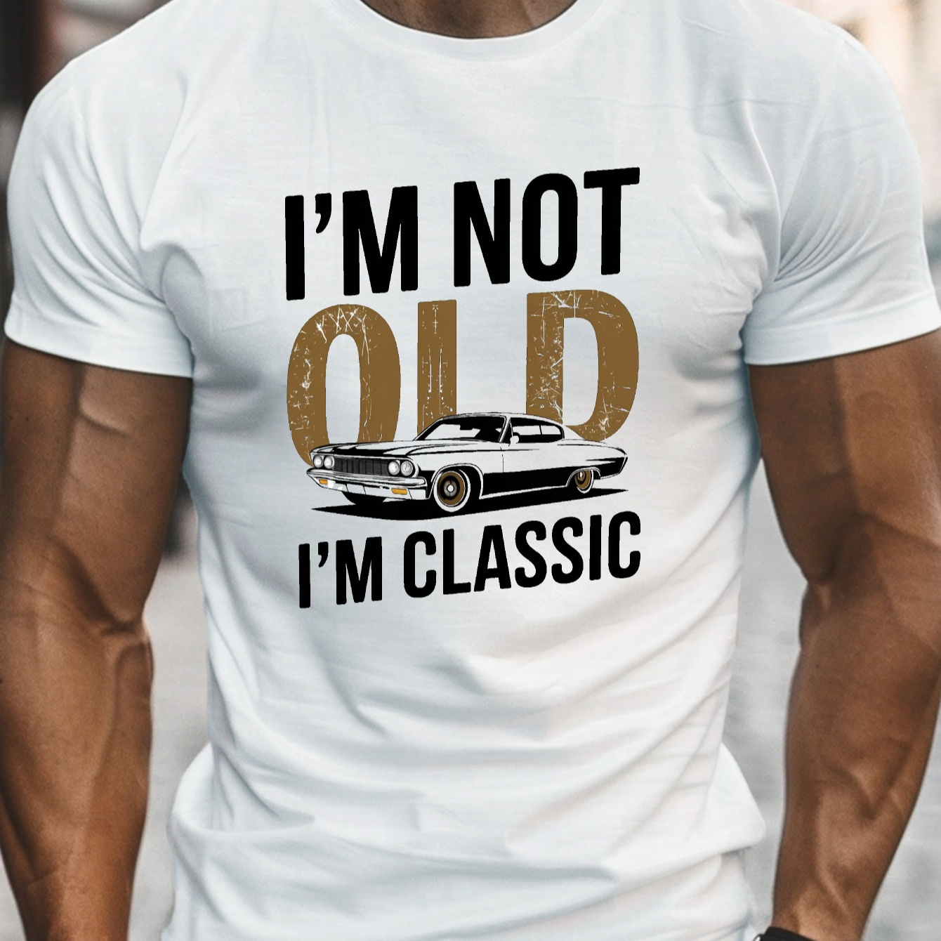 

Men's " Old I'" Graphic T-shirt - Soft Cotton, Casual Round Neck, Short Sleeve With Vintage Car Print - & Breathable For Casual Attire