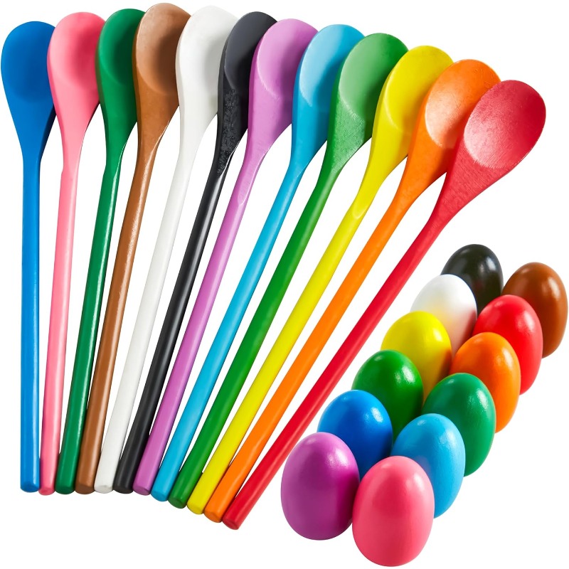 TEMU Ensemble de jeu de course aux œufs et cuillères de Pâques, 24 pièces, jeu de relais de carnaval à 12 joueurs pour enfants et activité , fête de