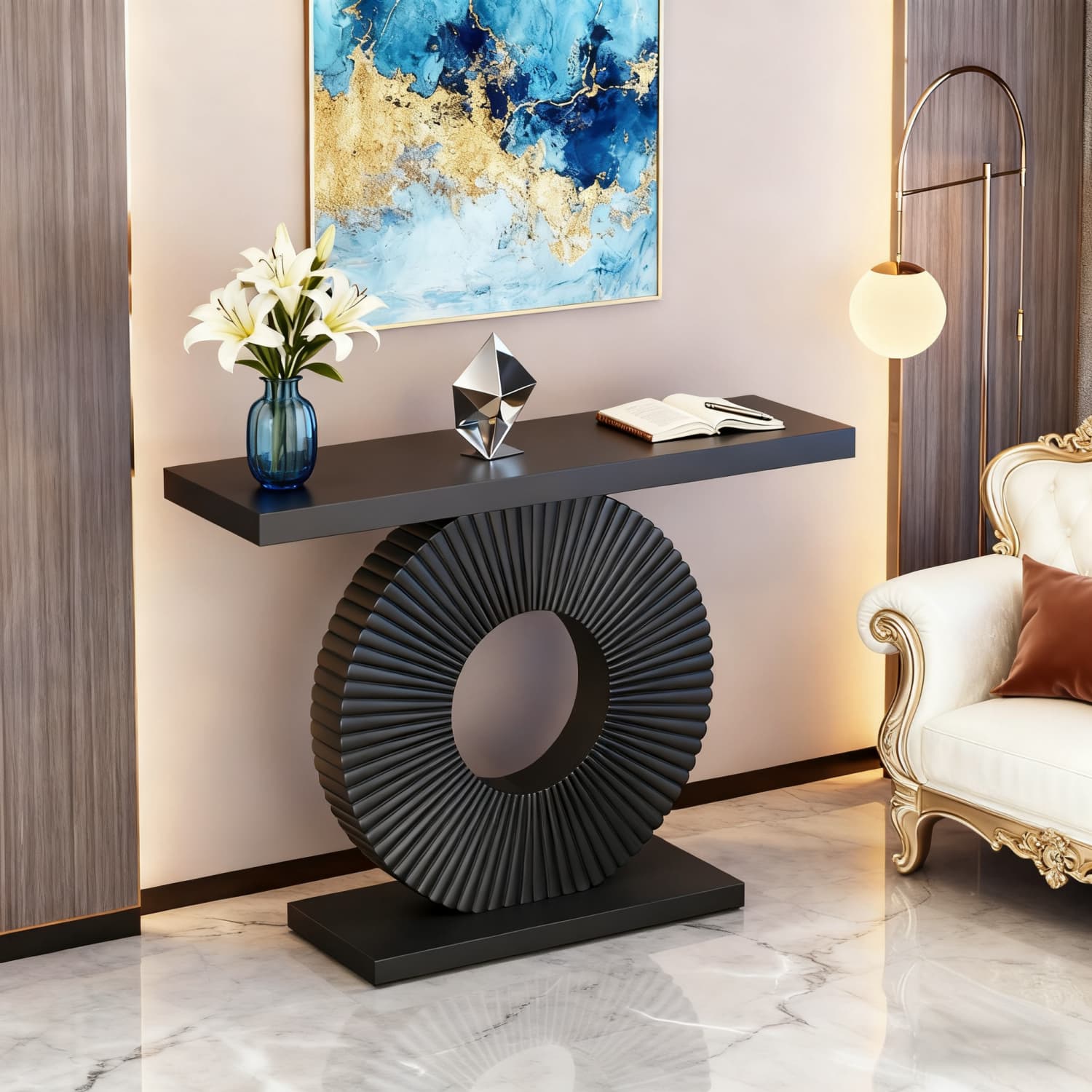 Modern Wood Console Table 40 Inch - Geometric Base Narrow Long Entryway Sofa Table, Contemporary Accent Table For Living Room Entryway Hallway Black