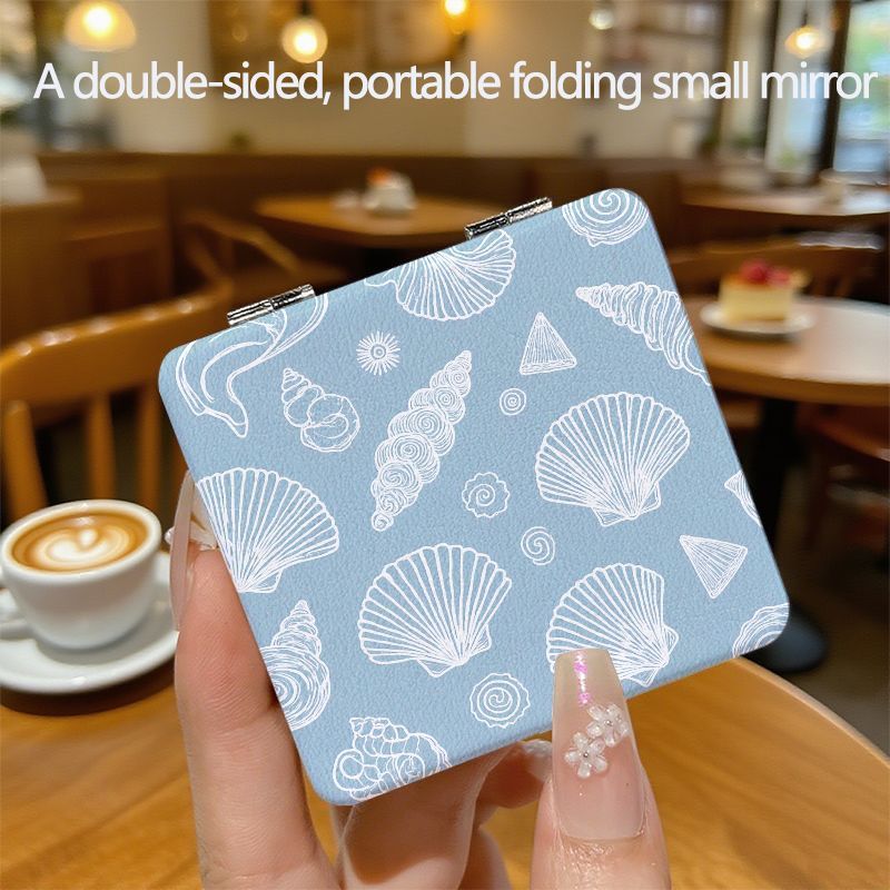 TEMU Compact And Reversible Folding Mirror Featuring A Light Blue Exterior, White Casing, And Spiral Designs, Self-care In Setting And Everyday Use,