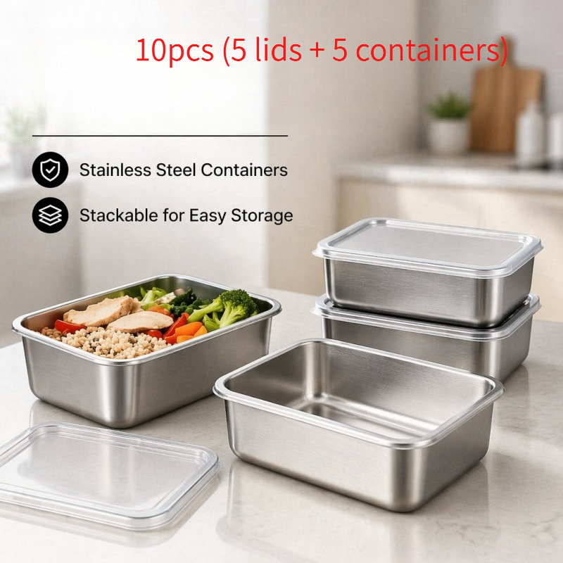 TEMU 10pcs (5 Lids And 5 Containers) Stainless Steel Food Storage Container With Lid, Stackable Freezer Safe Square, Dishwasher Safe Sealed For
