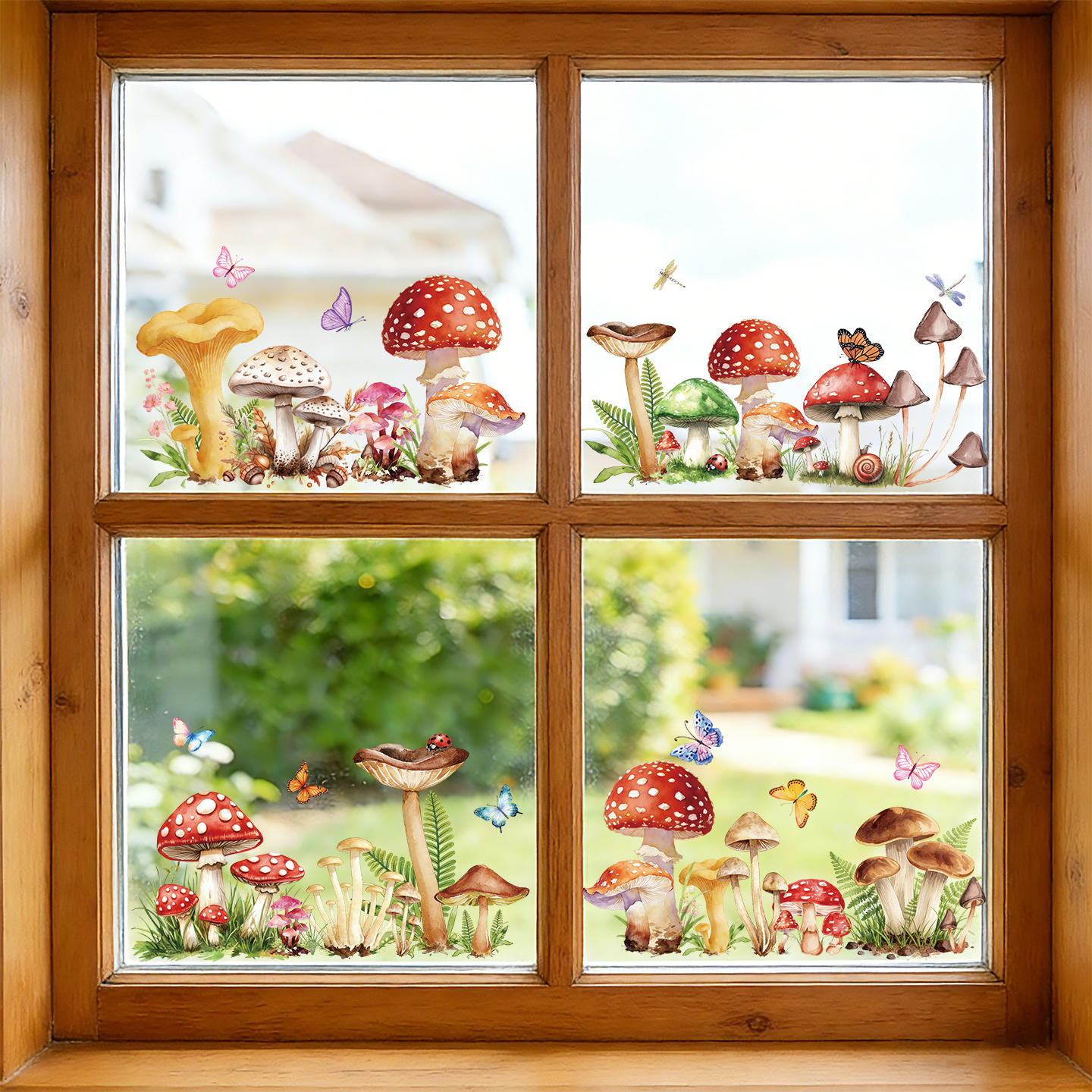 TEMU A Set Of 4 Vibrant Window Stickers Featuring Floral And Mushroom Patterns. Made Of Pet Static Cling Film, Are Residue-free, Adhesive-free,