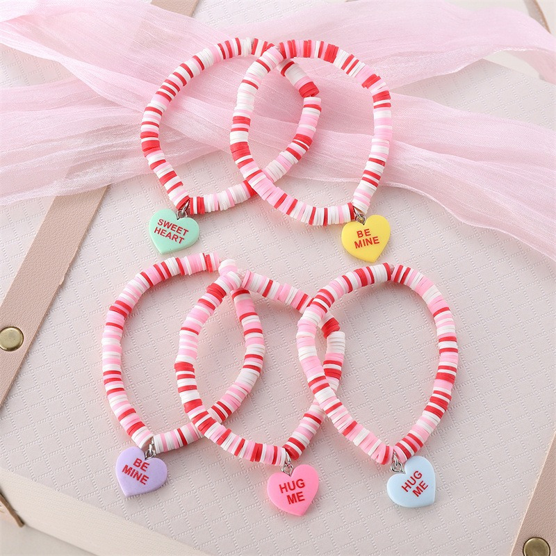 

Set Of 5 Valentine's Day Heart Polymer Clay Bead Bracelets, Featuring Sweet And Cute Charms: , Be , , Pink Bracelet, Valentine's Bracelets, Women's Holiday Jewelry Gift.