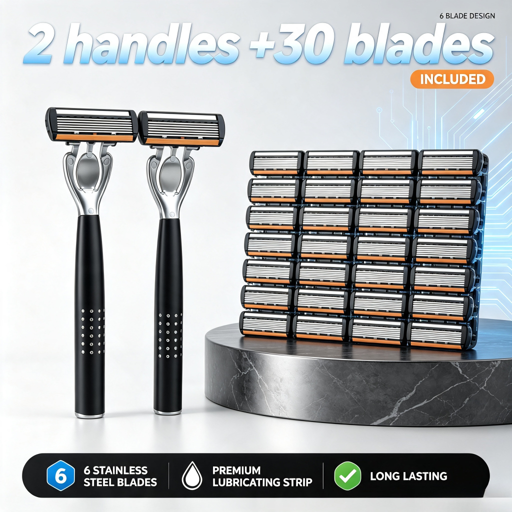TEMU Set da 32 pezzi, 2 manici lame sostituibili, kit da barba qualit�, dotato di manici in metallo, unisex, lame affilate, facile rifinitura della