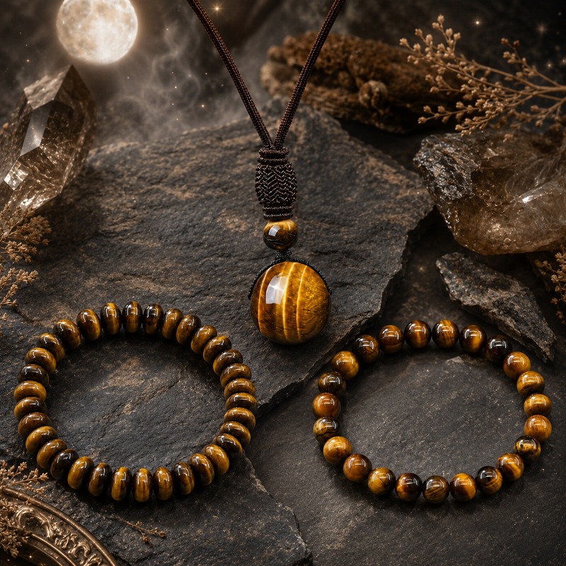 Unisex Natural Tiger Eye Stone Jewellery 3pcs Set