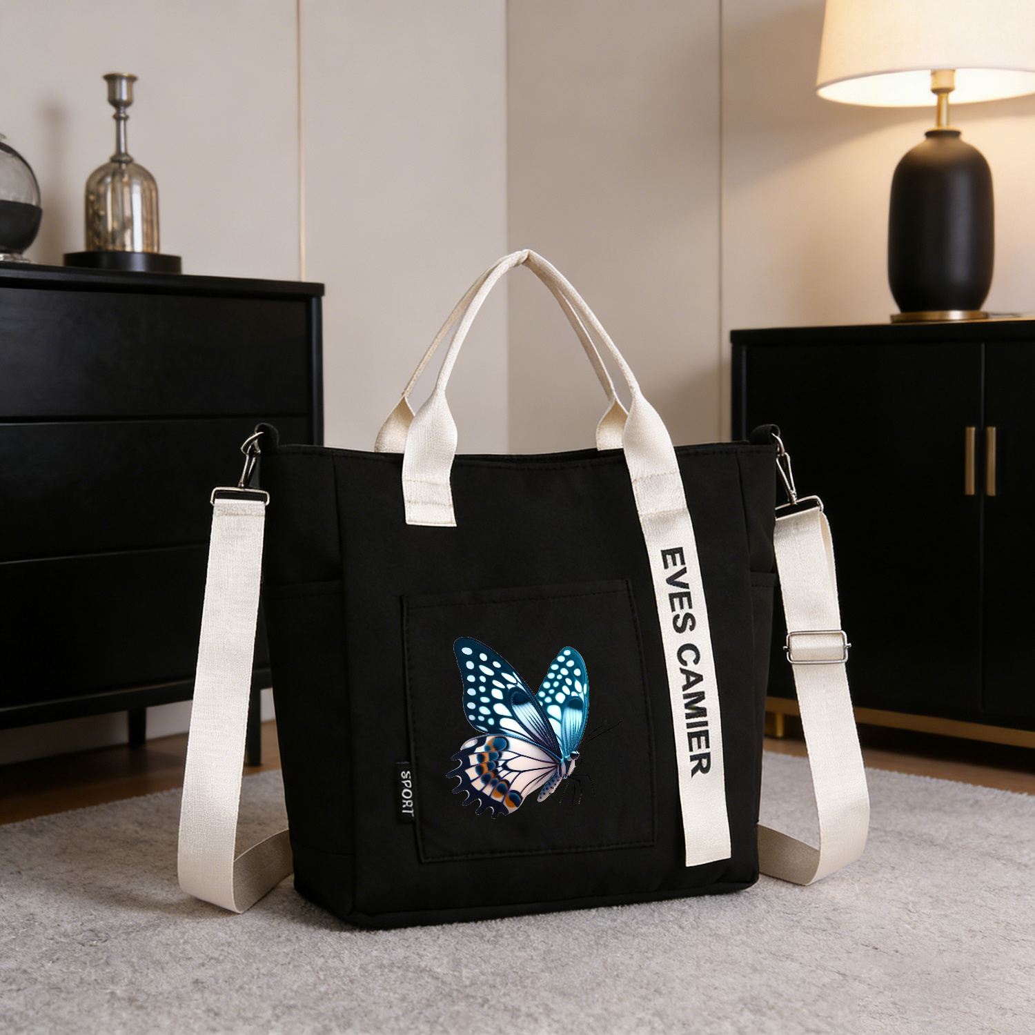 TEMU Bolso de de moda para mujer con estampado de mariposas, organizador de viaje | Diseño multibolsillos con bolsillos , bolso bandolera de gran