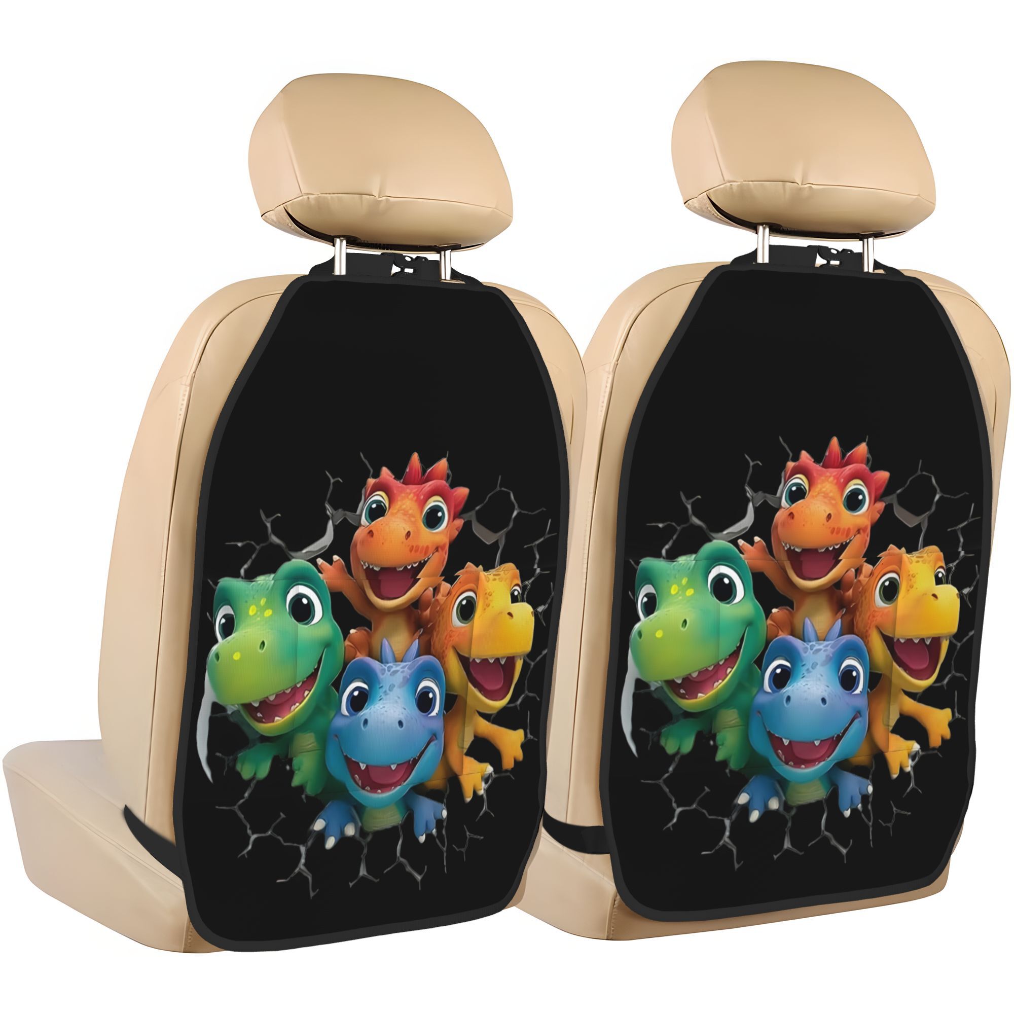TEMU Paquete de 2 protectores organizadores para respaldo de asiento de coche con temática de bebés dinosaurios coloridos y adorables "Rompiendo la