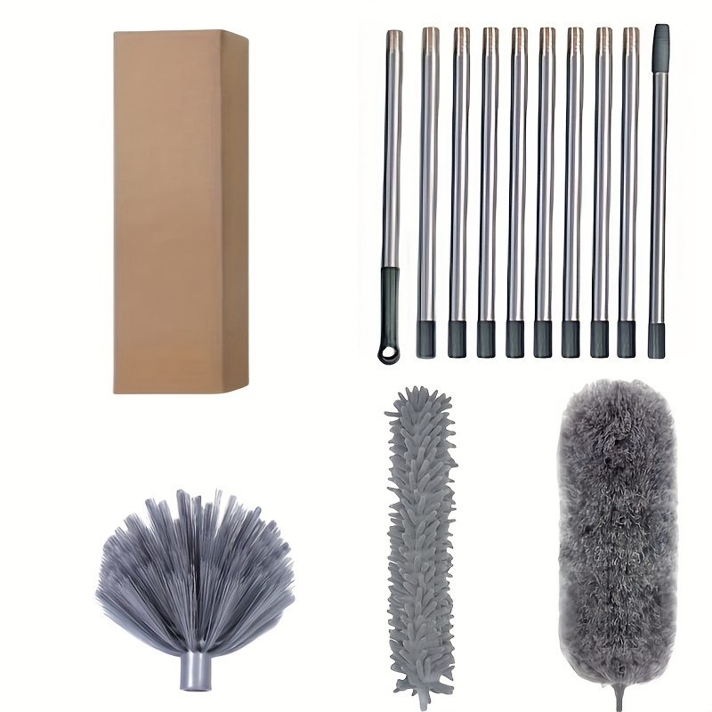 TEMU Multi-functional Telescopic Duster Set, 4. Extension Pole- 3-in-1 High-reach Cleaning Tool Kit, Effortlessly Removes Cobwebs And Household Dust-