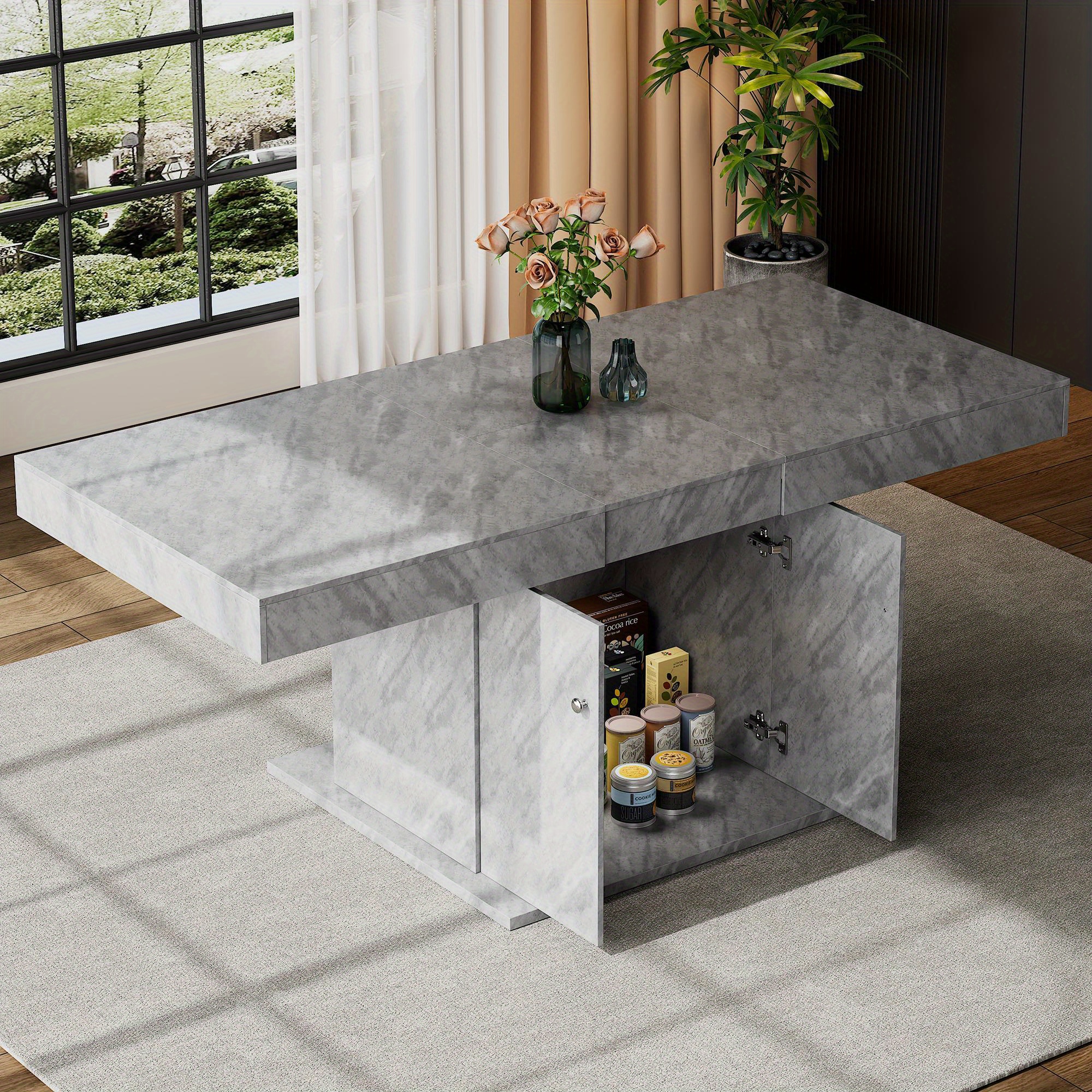 Extendable Dining Table With Storage & Telescopic Mechanism - Space- Multifunctional Table Suitable For Small Spaces, Adjustable Height, With Concrete Look, Modern Rectangular Table /dining Room