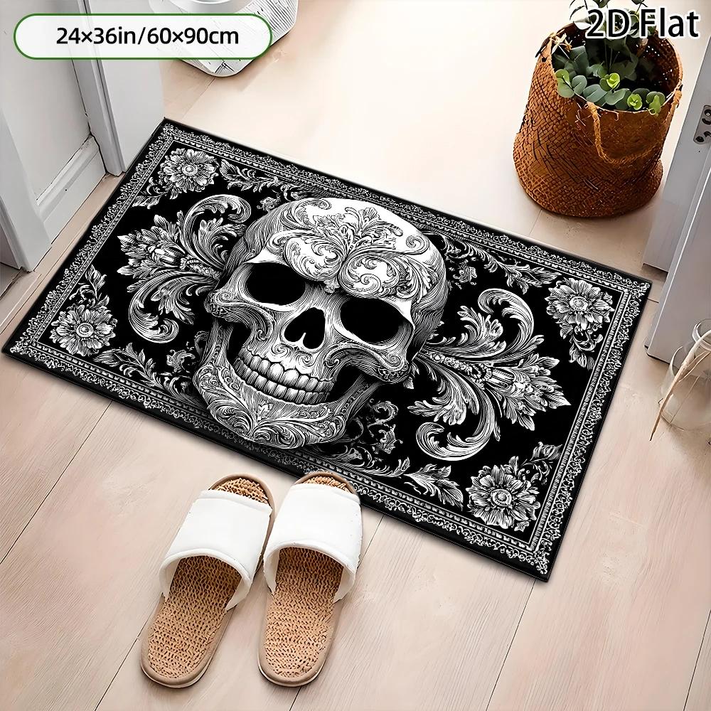 TEMU 2d Flat, Black And White Sugar Ornate Rugs, Gothic Floral Border Design, Elegant Vintage Style, Halloween Decorative Rug, Durable, Machine
