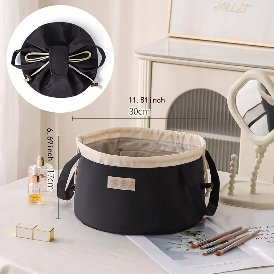 large capacity women men travel makeup toiletry portable bucket shaped storage bag with drawstring closure   case suitable for daily use gym vacation the Product details 8