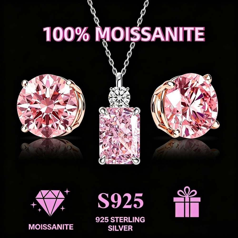 TEMU 2pcs Set Women's Crushed Ice Cut Design Necklace And Earrings 925 Sterling Silvery Inlaid 1 Carat*2 Cherry Pink Rose Golden, Four-prong Jewelry
