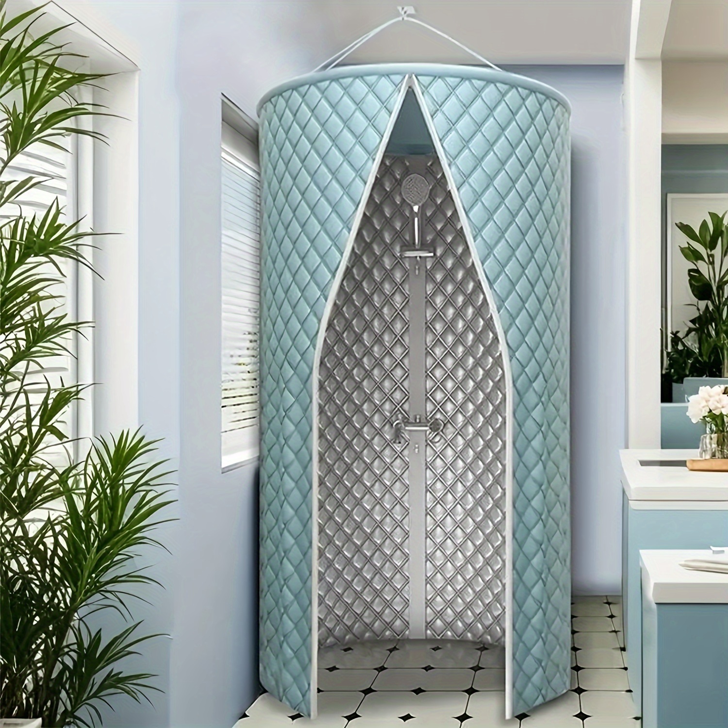 tente de douche imperméable et renforcée, cabine de douche isolée portable pour    , avec entrée à double fermeture éclair, anneau de support supérieur et crochets adhésifs, pour ne pas nécessiter délectricité détails 1