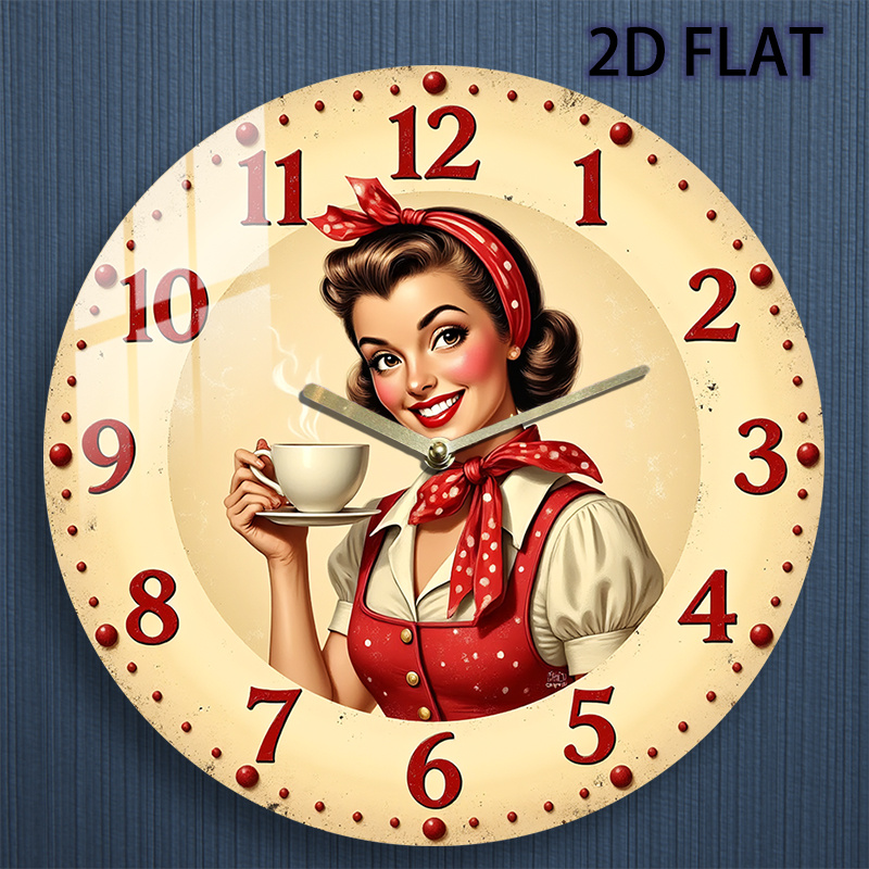 TEMU 12-inch Retro 1950s & Coffee Cup Wall Clock With Red Polka Apron Face - Silent Quartz Movement, Easy-to-read , Round Clock For Kitchen, Living