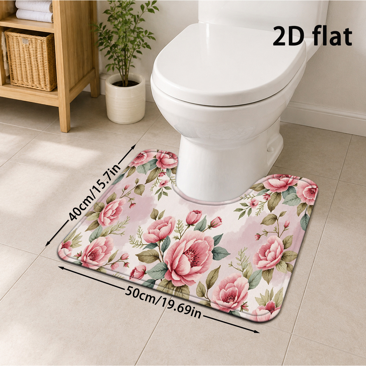 TEMU 2d Flat, 2d Flat, [2d Flat] 1pc Pink Retro Peony Floral Bathroom Mat Pastoral Nordic Style Mat U-shaped Toilet Mat Soft Thick Absorbent Pad