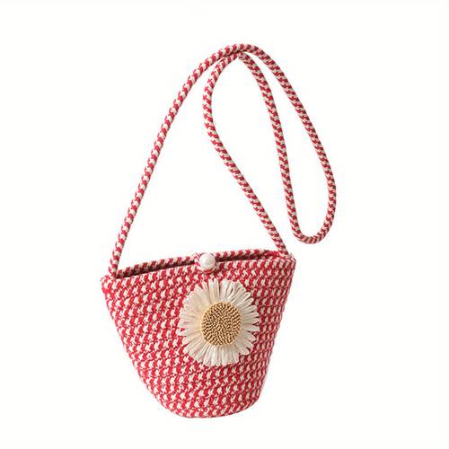 3d flower decor crossbody bag womens woven bucket bag for outdoor travel picnic