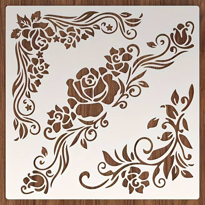TEMU 1pc Vintage Floral Corner Stencil, Reusable Pet Rose And Vine Pattern, Suitable For Canvas, Wall, Furniture Painting And Home Decor