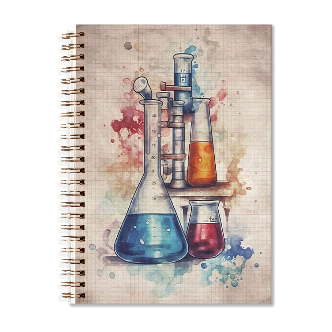 

1pc Science-themed Watercolor Lab Equipment Spiral Notebook, 5.5x8.3in, 50 Lined Pages, Hardcover Journal For Office, School, Gift