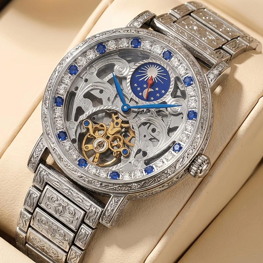 Image of 1pc Men's Hollow Mechanical Wristwatch With Blue Starry Sky Sub-dial, Roman Markers, Business And , High- Watch For Gifting, Without Battery