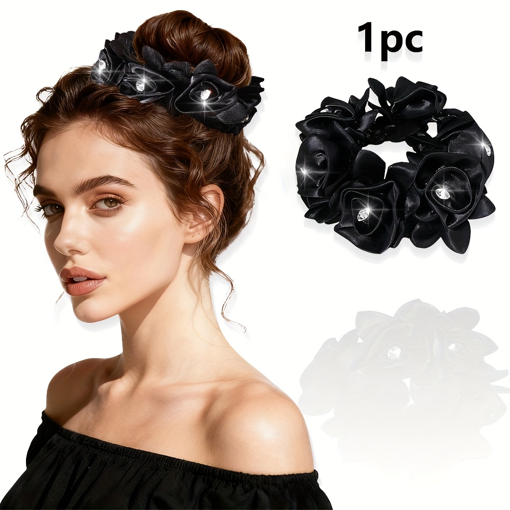 E-shop neuartiger Satin-Stoff-Haargummi mit Strass, modischer süßer Stoffblumen-Haargummi für Damen, hochelastisches Haarband, Haargummi,