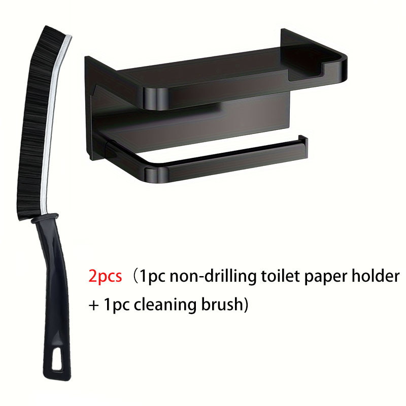 TEMU 2pcs Set: -drill Toilet Paper Holder + 1 Cleaning Brush. Wall-mounted Drawer Roll Holder With Phone Holder, Made Of Plastic