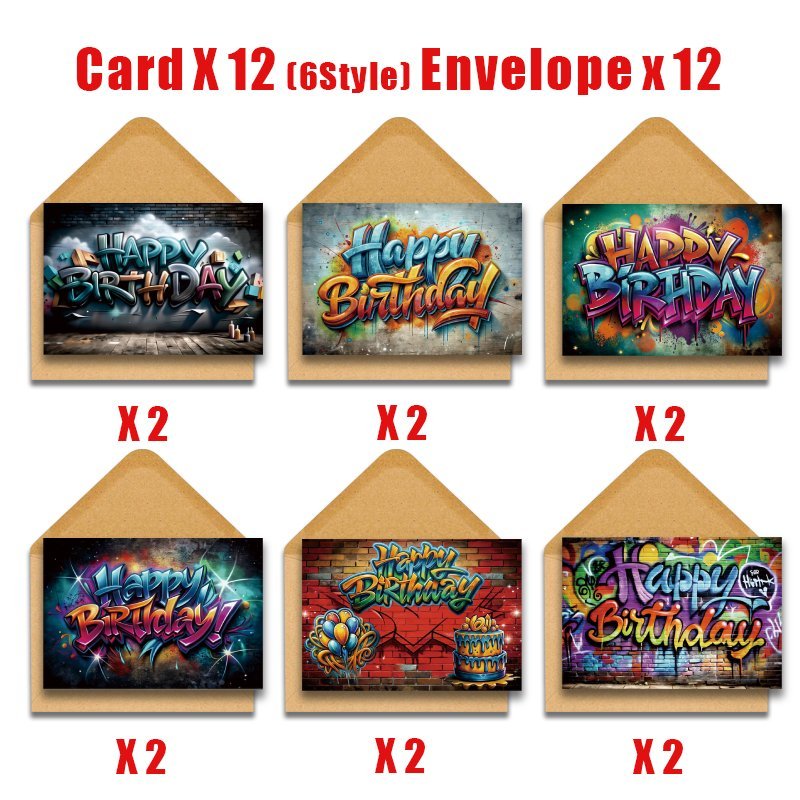 E-shop 24er-Pack Geburtstagsgrußkarten im Graffiti-Stil mit Umschlägen, geeignet für alle Anlässe, für Familie, Freunde, Lehrer und Kollegen, um
