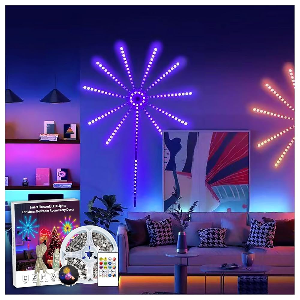 TEMU Led Firework Lights, Indoor Fireworks Led Lights, Smart Rgb Led Strip Lights With App Control, 20-key Remote & Music Sync, Dimmable Flowing