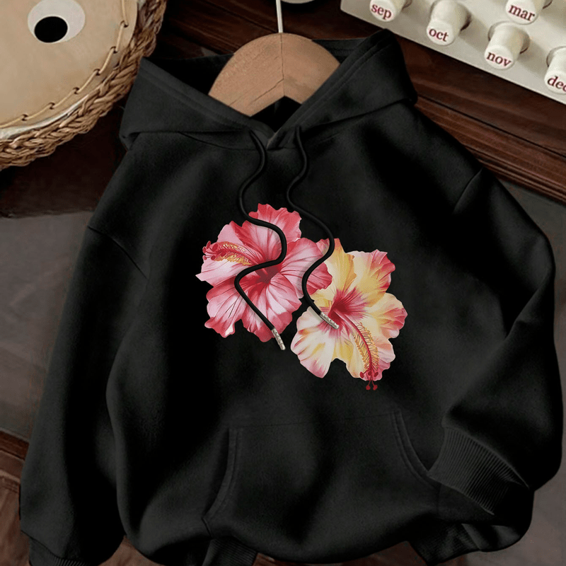 [Cozy Floral Hoodie] Cozy Women's Floral Print Hoodie | Autumn Apparel, Vibrant Graphic Hoodie, Comfortable Fit, Sweater Hoodi, Black with Pink & Orange Hibiscus Design, 4S2