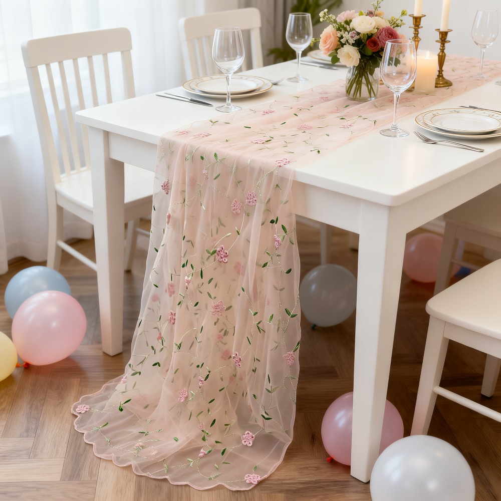TEMU Floral Embroidered Mesh Table Runner, Featuring Delicate Pink Floral Embroidery With Flowing Mesh, A And Gentle Atmosphere. Suitable For Girls'