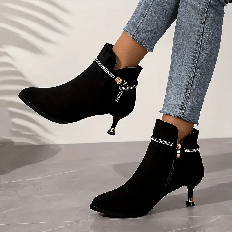 TEMU Ankle Rhinestone Embellished High Heel Boots, Autumn/ Boots, Fashionable Stiletto Women's Boots - Pointed Toe Side Zipper Design, Comfortable