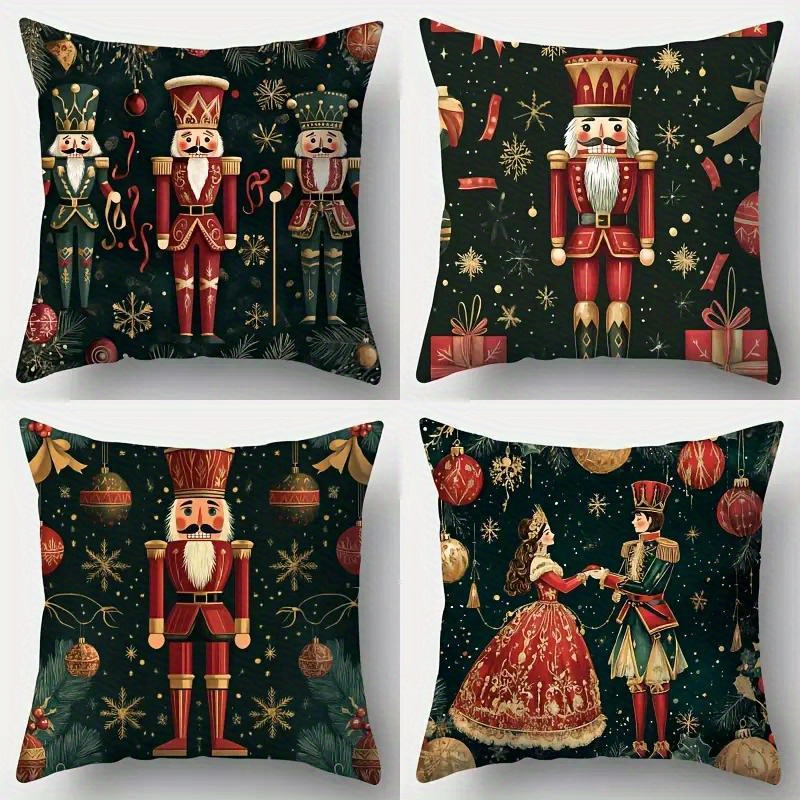 TEMU 4pcs Festive Nutcracker Christmas Throw Pillow Covers - , Machine Washable, Zipper Closure, Woven Polyester, Holiday Decorative Cushion Covers