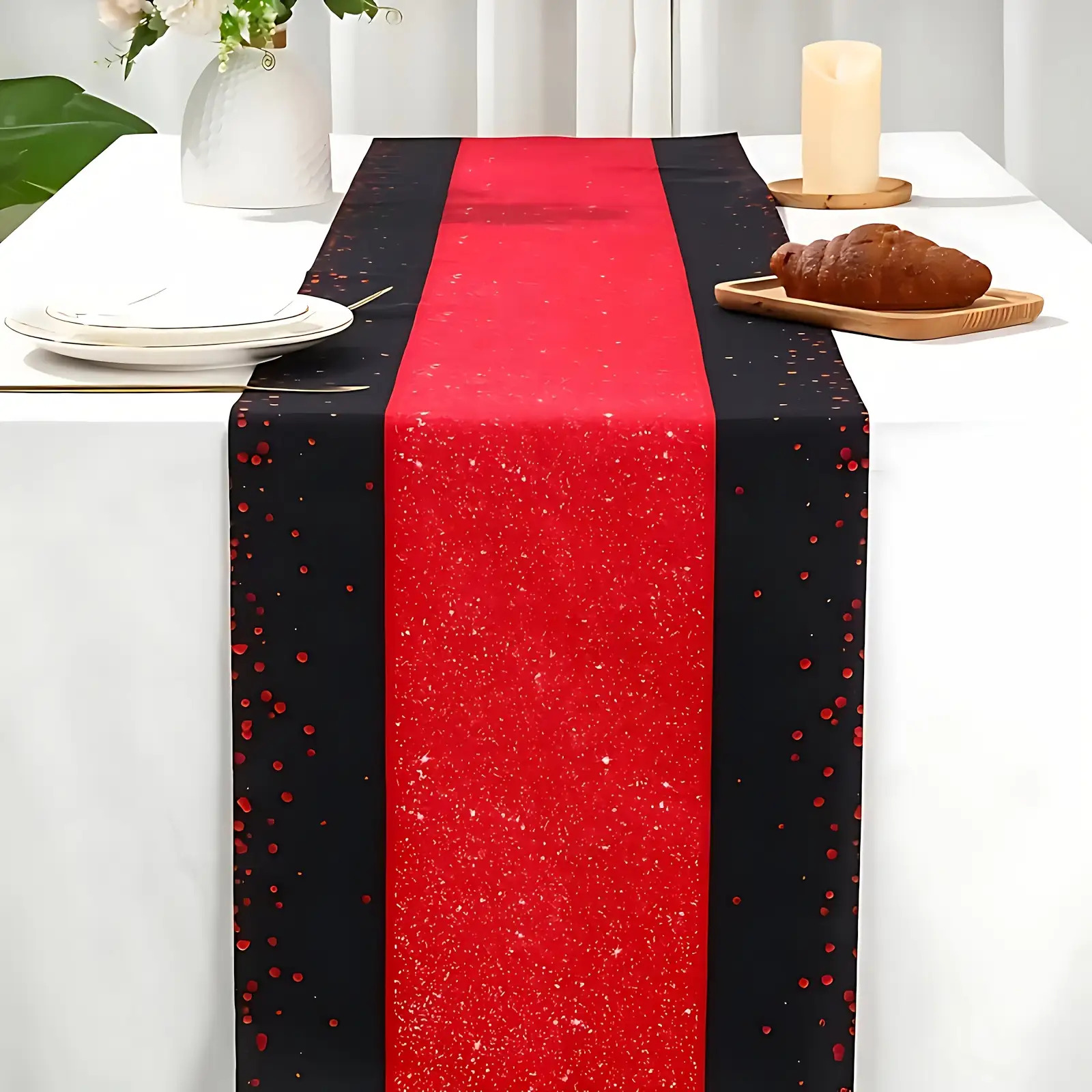 TEMU 1pc Polyester Tablecloth – Black And Red Glitter , Perfect For Parties, Festivals, Weddings, And Birthdays – Machine Washable Durable Decorative