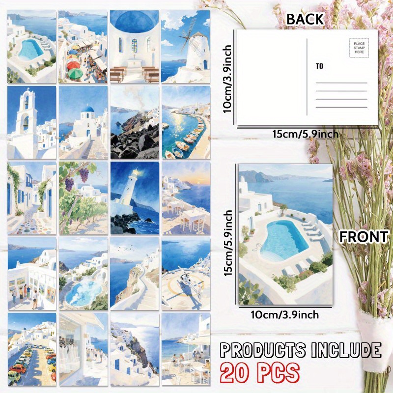 TEMU 20pcs Beautiful Santorini Postcard, Unique Everyday Gift For Family & , Congratulate, Birthday Thank You, Positive Affirmation, Unusual Items