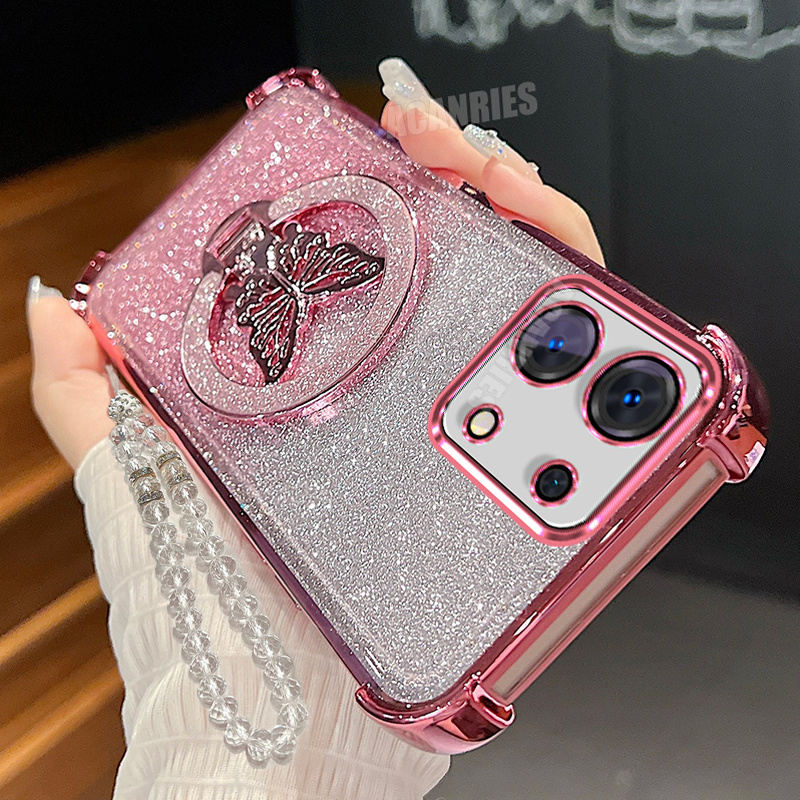 TEMU Phone Case - 1pc Of Transparent Lanyard Chain, 1pc Of Stand Holder, And 1pc Of Luxurious Gradient Glitter Plating Shockproof Protective Case For