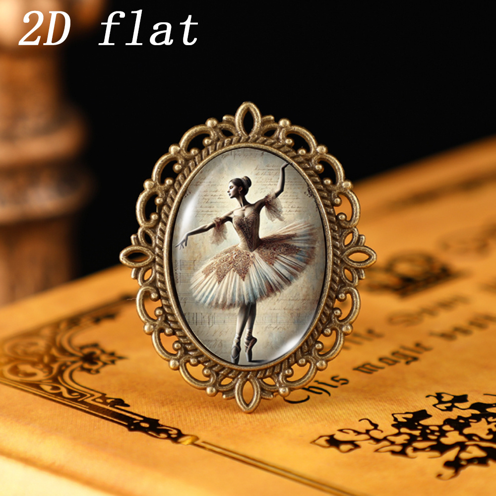 TEMU 2d Flat, 1pc Vintage Ballerina With Music Sheet Oil Painting Oval Glass Badges, 2d Flat Design Glass Pattern, Versatile Ornament For Clothing &
