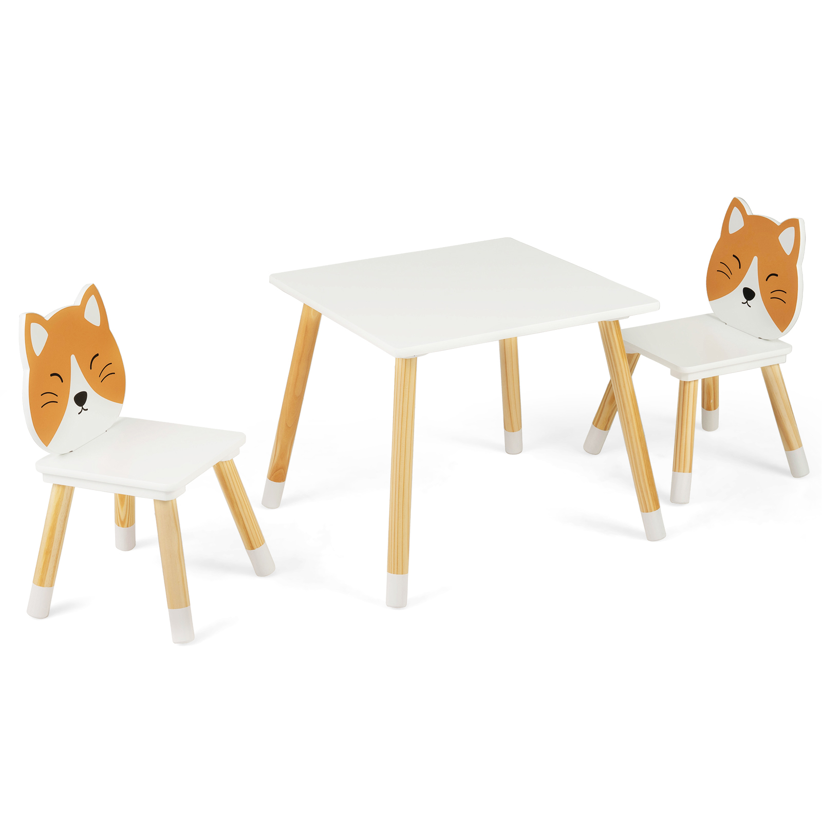 3pcs Children Table And Chair Set, Kids' Square Table With 2 Chairs, Kitty Backrest, Solid Pine Wood Legs, Activity Table Set For Playing And Reading