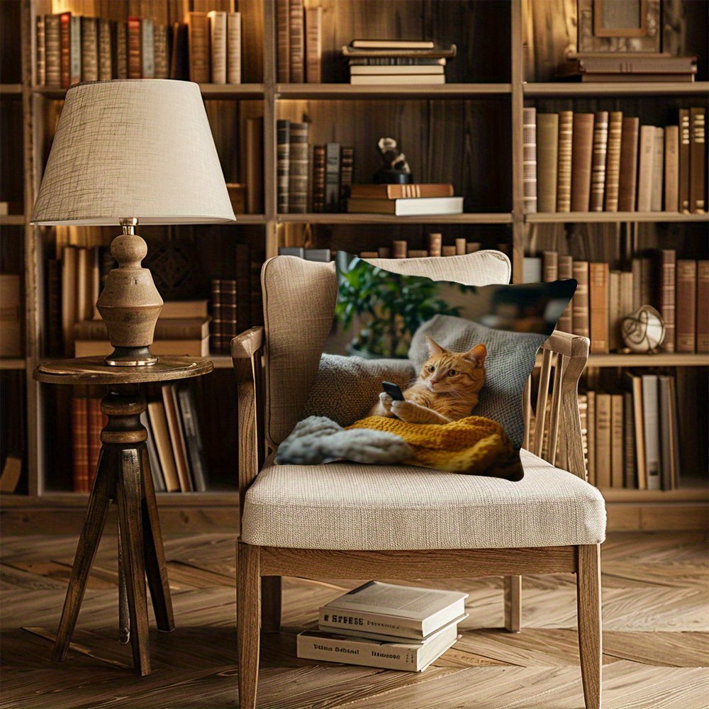 1pc vintage style throw pillow cover with adorable cat phone design durable polyester double sided print zipper closure machine washable ideal for living room sofa decor cat decor Product details 3