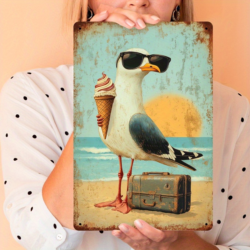 TEMU Decorazione Murale in Legno 2D Flat - Stile Retro Mare, 1 pz Gabbiano in Legno e Gelato con Logo Occhiali , Decorazioni Vintage per Stile
